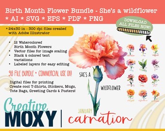 Birth Month Flower Digital Bundle - 12 Aquarell Blumen - 96 Dateien - Text Sie ist eine Wildblume, Monat & Blumenname - svg, png, ai, pdf, eps