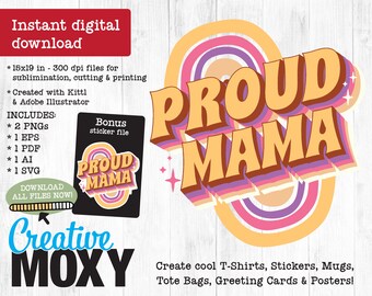 Proud Mama Retro Schrift Digitaler Download - Regenbogen Design (PNG, SVG, PDF)