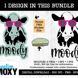 Moody illustrated cow wearing shades, Digital Printable Download, PNG Direct to garment sublimation, svg eps cut file, cricut silhouette