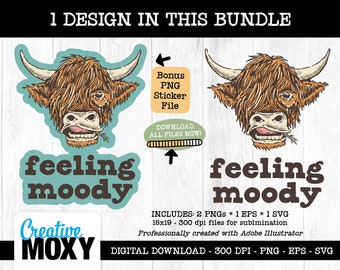 Stimmungsvolle Highland Kuh PNG SVG, lustige Kuh Design (Digitaler Download)