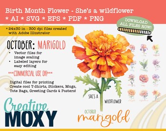 Oktober Geburt Monat Blume Ringelblume - sie ist eine Wildblume digitaler Download - druckbare Datei - svg, png, ai, pdf, eps