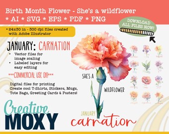 Januar Geburt Monat Blume Nelke - sie ist eine Wildblume digitaler Download - druckbare Datei - svg, png, ai, pdf, eps