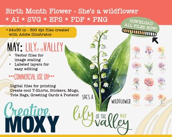 Mai Geburt Monat Blume Maiglöckchen - sie ist eine Wildblume digitaler Download - druckbare Datei - svg, png, ai, pdf, eps