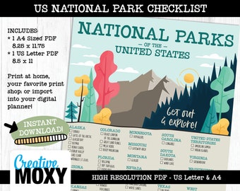 Poster US National Park Checklist, Travel Tracker (digitale download)