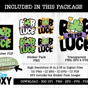 Könnte beinhalten: Ein digitales Download-Paket mit druckbaren Grafiken mit einem schwarzen und grünen Design "Rub Me For Luck" mit einem vierblättrigen Kleeblatt und einem Hufeisen. Das Paket enthält ein Poster im Format 30,5 x 30,5 cm, einen Sticker-Pack und transparente PNG-, EPS- und SVG-Dateien.