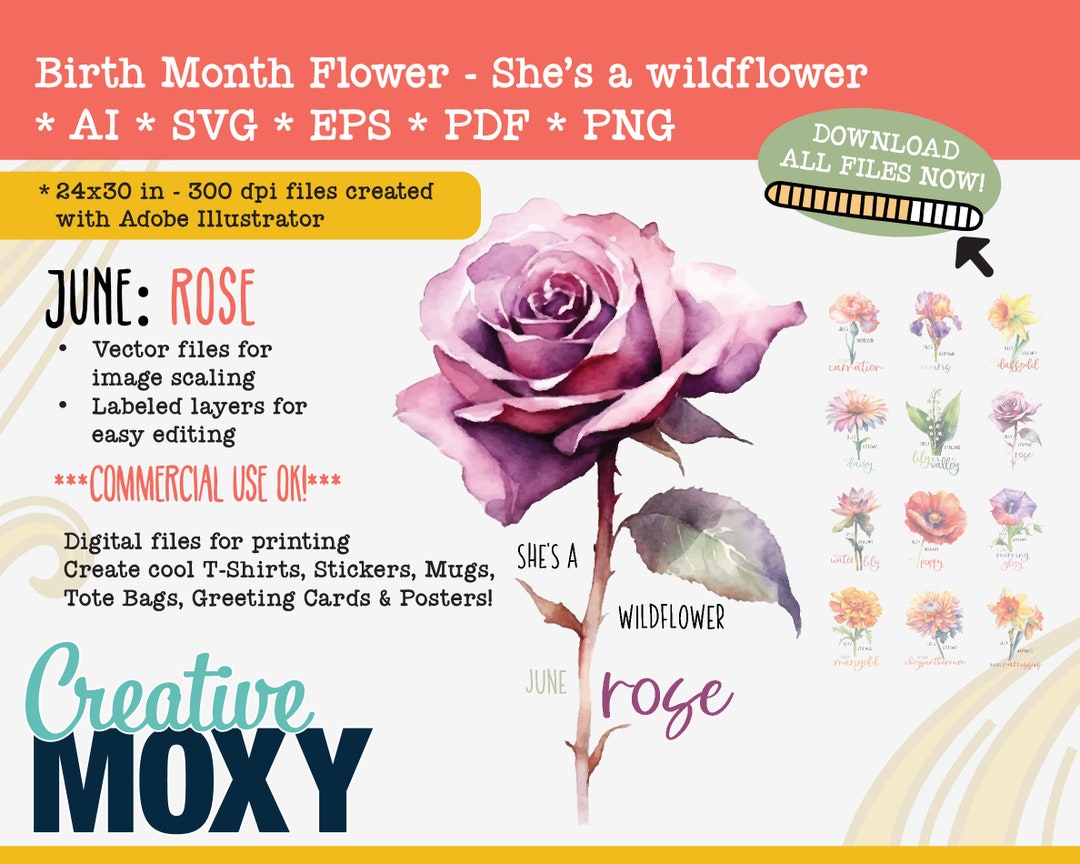 June Birth Month Flower Rose - She's a Wildflower Digital Download ...