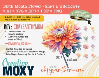 November Geburt Monat Blume Chrysantheme - She's a Wildflower Digital Download - Printable File - svg, png, ai, pdf, eps