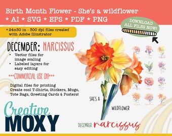 Dezember Geburt Monat Blume Narzisse - sie ist eine Wildblume digitaler Download - druckbare Datei - svg, png, ai, pdf, eps