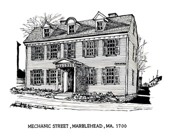 Pen & Ink Historic House MA Printable Vintage Architecture Original Hand Drawn Peronsalized Gifts from Photos.