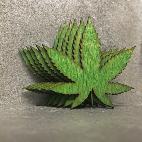 Laser Cut Wooden Pot Leaf Shape - Green Stain - Marijuana Leaf Wood Cutout, For DIY Craft Embellishment, Jewelry Making