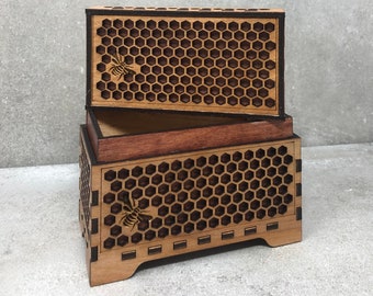 Honeycomb Bee Box – Lasercut Wooden Keepsake, Golden Stain