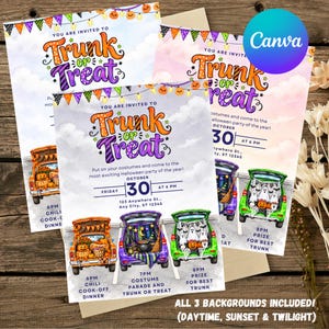 May include: Three Trunk or Treat event invitations featuring colourful illustrations of decorated vehicles with pumpkins, ghosts, and banners. The text reads You are invited to Trunk or Treat, Friday October 30 at 6 PM, 123 Anywhere St, Any City, ST 12345.