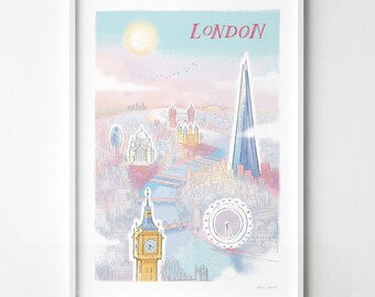 London Skyline Wall Art Print: Signed Pastel Colour Illustration