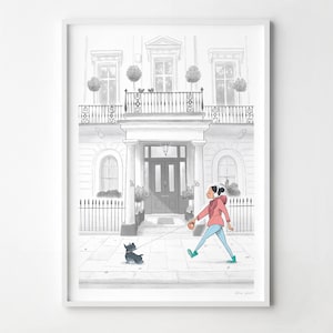 London Artwork, London Kensington, lady with dog, Signed Fine Art Print