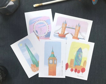 5 London Landmark Postcards, London Notecards with Envelopes