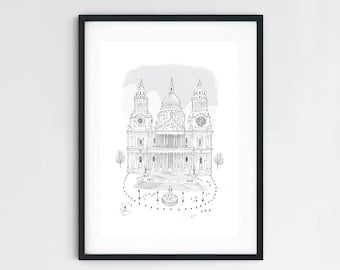 London artwork, St Pauls Cathedral illustration, signed fine art paper print