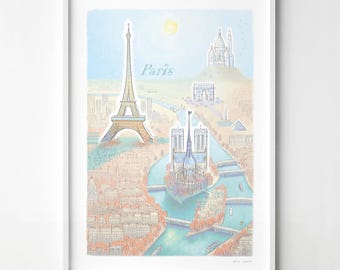 Paris Skyline Poster, Paris artwork, signed fine art paper print