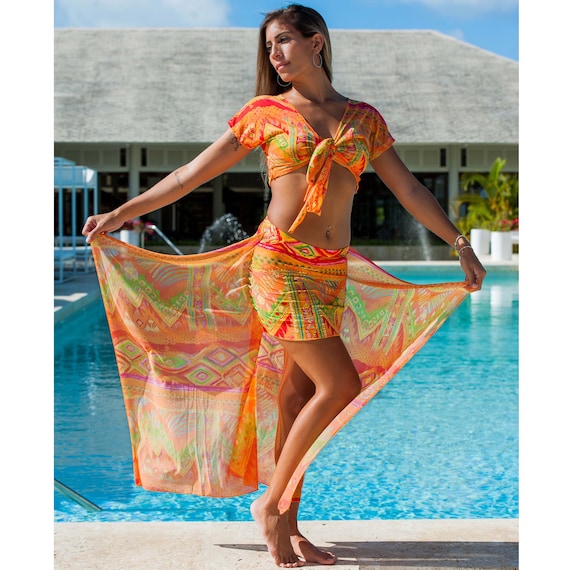 Beach Sarong Wrap Dress, Tropical Kimono, Resort Wear for Her, Beach Tunic,  Sarong Beachwear, Bikini Cover Up 