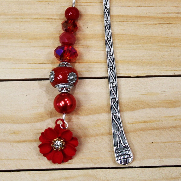 Mixed Antique Tibetan Silver Carved Hook Bookmarks with Red Glass Red Crystal Red BoHo and Red Pearl Red Flower Dangle