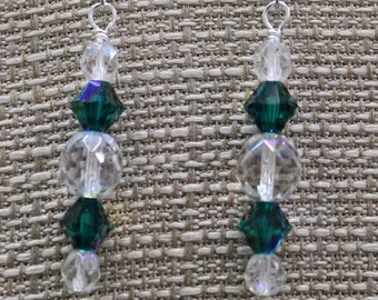 Emerald AB Crystal Bicones Rainbow AB Glass Beads Silver Plated Earwires