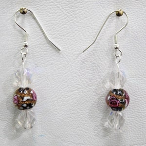 Black Foil Glass Beads with Pink Flowers, Crystal AB Beads and Silver-plated 20mm earwires with 3mm coil bead
