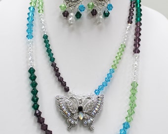 Winter Bicone Crystals (Purple, Green, Peridot and Turquoise, with Clear AB Crystals, Butterfly Pendant, and 2-strand set