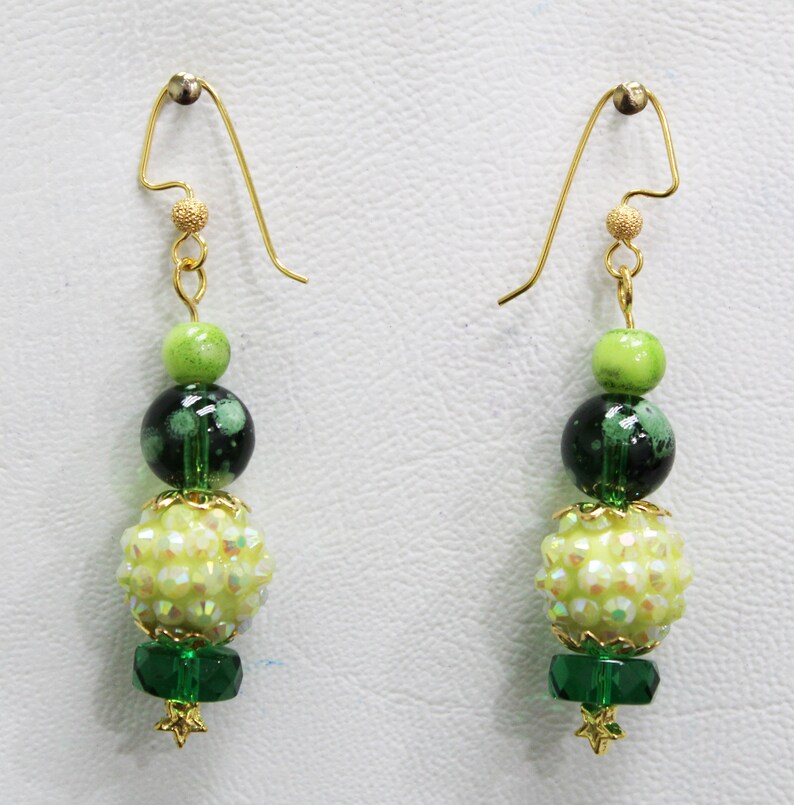 Shades of Green Crystals Green Glass and BoHo Beads Lolita Margarita Gold Plated Earwires with Stardust Bails