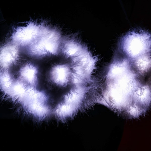Fluffy White Glowing Bra - Fuzzy Faux Fur Rave Bra - Rave Glowing Bra - Clubwear EDC Party Top - Clubwear Led Top