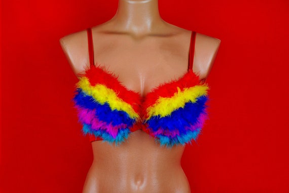 Fluffy Rainbow Bra Fuzzy Faux Fur Rave Bra Rave Bra Clubwear EDC Party Top  Clubwear Top Pride Bra Rainbow Fluffy Bra Cute Bra 