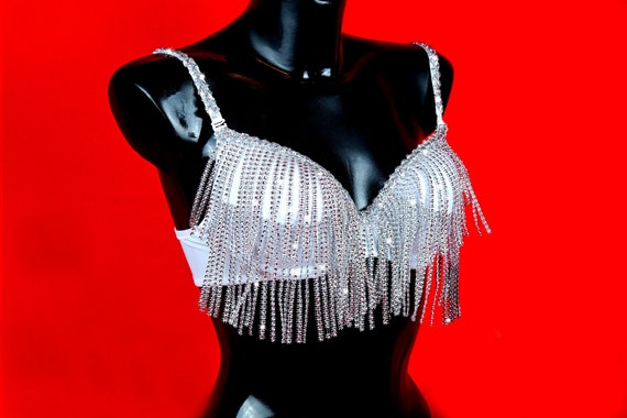 Sexy Rhinestone Diamond Fringe Bra Rave Outfit Music Festival Top