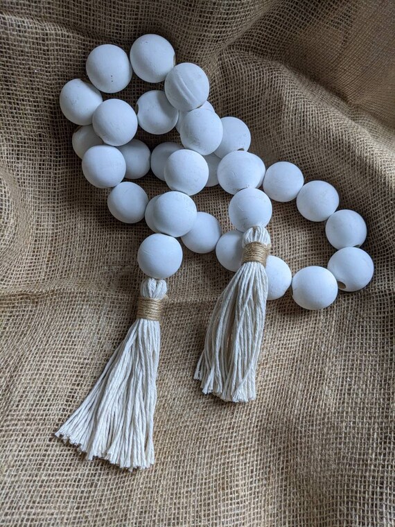 Wood Bead Garland, Large Washed Casa Bead, Cotton Tassel Home