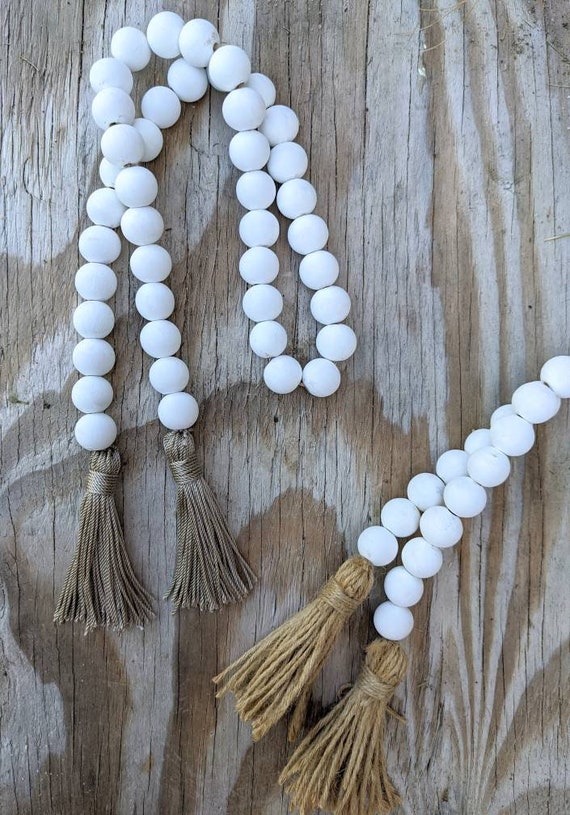 White Farmhouse Garland, Casa Beads, Tier Tray Decor, Boho Rustic
