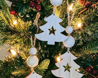 Christmas Tree Ornament, Beaded Holiday Decor, Handmade Wooden