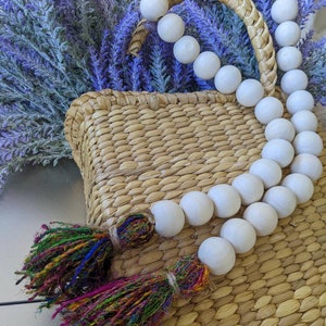 Farmhouse Wood Bead Garland, Boho Tassel Wooden Beaded Garland