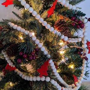 Christmas tree Garland, Wooden Banner, Mantle Decor, Holiday Decorations, Wood Bead Garland, Long Wooden Beads