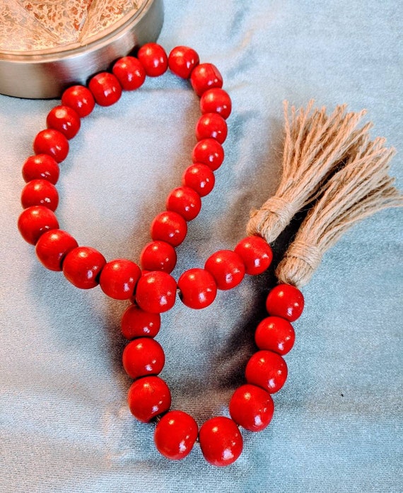 Bead Garland Garland With Tassel Christmas Decoration Wooden Bead Garland Gift for Her Red and Blue Tiered Tray Decor Boho Home Decor