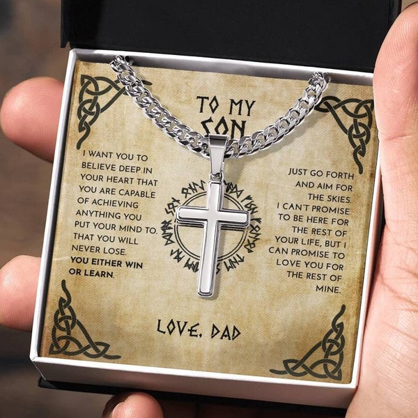 To My Son From Dad Viking Cross Necklace On Cuban Chain, Viking Son, Viking Dad Son Cross, To My Son Love Dad, Gift To Son From Dad