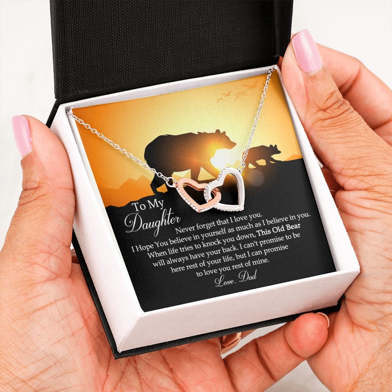 Papa Bear To My Daughter This Old Bear Will Always Have Your Back Interlocking Hearts Necklace Love Dad