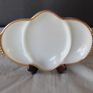 Fire-King by Anchor Hocking Milk Glass Divided Relish Dish, Nut Tray, Candy Dish, Vanity Tray with Gold Gilding