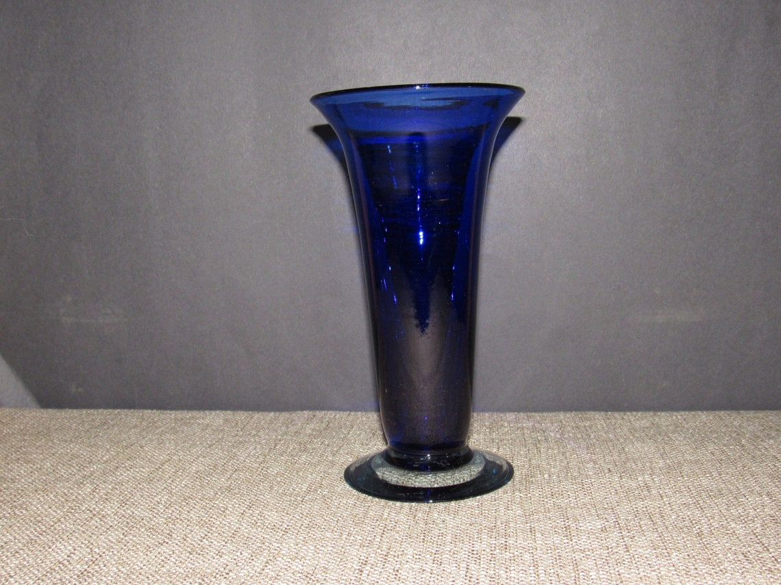 Hand Blown Art Glass Trumpet Vase Cobalt Blue With Clear Etsy