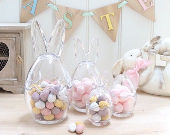 Bunny Ears Glass Jars - 4 Sizes - Easter Rabbit Chocolate Candy Sweets Treats Mini Eggs Storage Spring Decor Gift for Kids Home Mum Nan Her