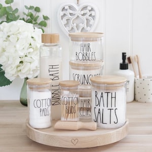 Bathroom Storage Jars - Personalised - Airtight Bamboo Lid Glass Cotton Pads Buds Bath Salts Bubble Bath Stacking Gift Idea for Home Her Him