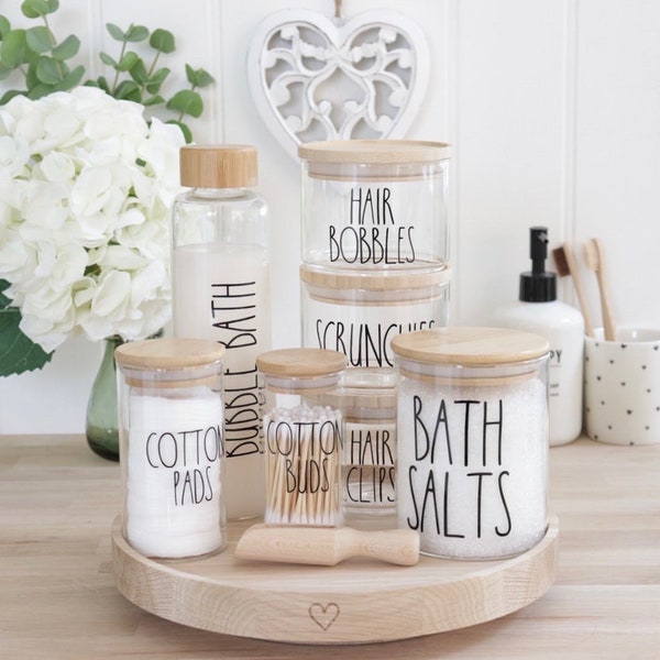Bathroom Storage Jars - Personalised - Airtight Bamboo Lid Glass Cotton Pads Buds Bath Salts Bubble Bath Stacking Gift Idea for Home Her Him