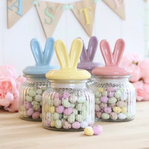 Bunny Ears Glass Jar & Ceramic Lid 580ml - 4 Pastel Colours - Easter Bunny Rabbit Chocolate Candy Sweets Spring Glass Gift Mini Eggs Storage