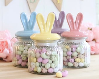 Bunny Ears Glass Jar & Ceramic Lid 580ml - 4 Pastel Colours - Easter Bunny Rabbit Chocolate Candy Sweets Spring Glass Gift Mini Eggs Storage
