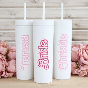 Personalised Cold Cup - Retro Doll Style Font -  Skinny Matte Double Wall Tumbler Holiday Hen Party Bride Bridesmaid Wedding Gift Idea Her