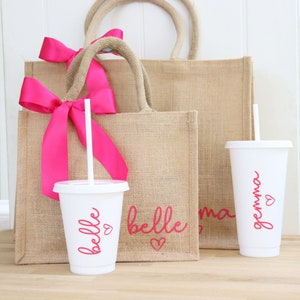 Jute Bag & Cold Cup Set Personalised Mother Daughter Summer Beach Holiday Travel Hen Party Bridesmaid Wedding Birthday Gift Idea for Her image 7