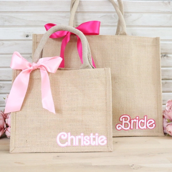 Personalised Jute Bag - Retro Doll Style Font - Travel Beach Bag Holiday Hen Party Bride Bridesmaid Maid of Honour Wedding Gift Idea for Her