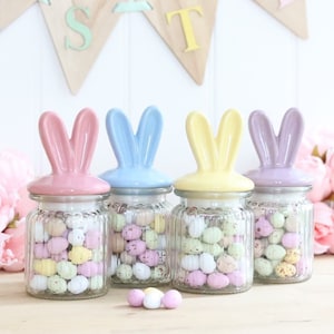 Bunny Ears Glazen Pot & Keramisch Deksel 250ml - 4 Pastelkleuren - Paashaas Konijn Chocolade Snoep Snoepjes Lente Glazen Cadeau Mini Eieren Opslag