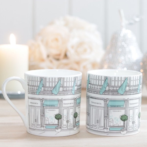 Tiffany Mug or Scented Candle - Hand Poured Soy - Window Shopping Print - Fine Bone China - Blue Tea Coffee Hot Chocolate Cup Gift Idea